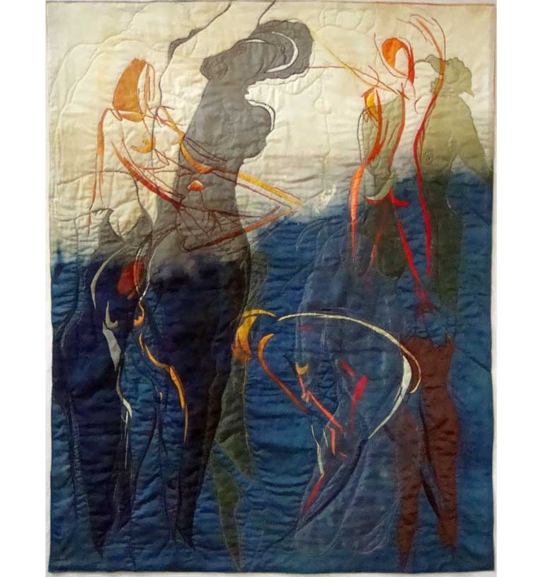 130 x 100 cm BWsatin gefäbt, Seide-, Organza-Applikation, Reverseapplikation, Wholecloth