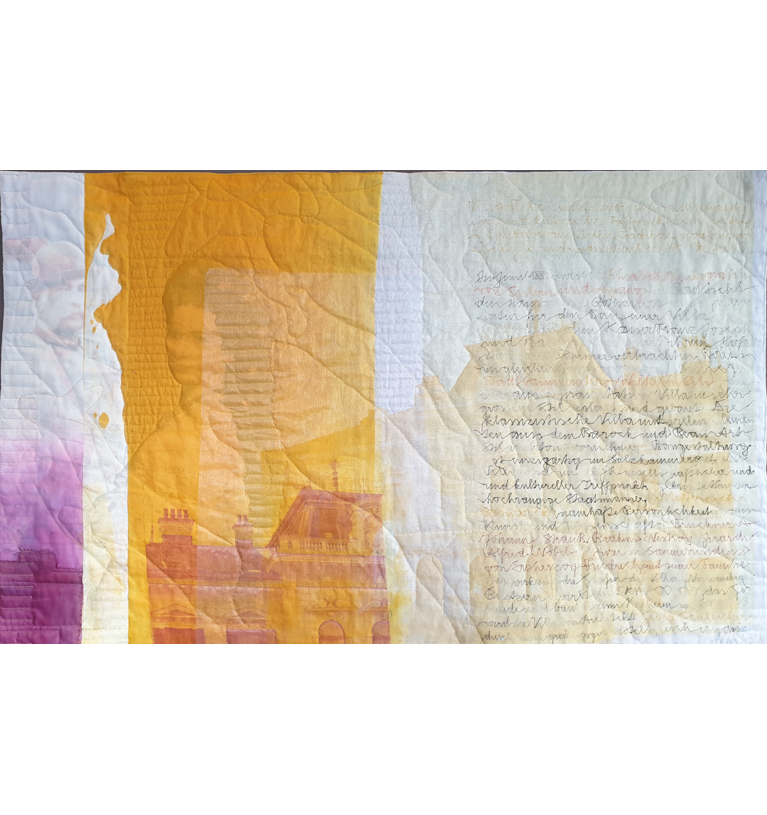 85 x 115 cm, Siebdruck auf Organza, Fototransfer, Text handgenäht