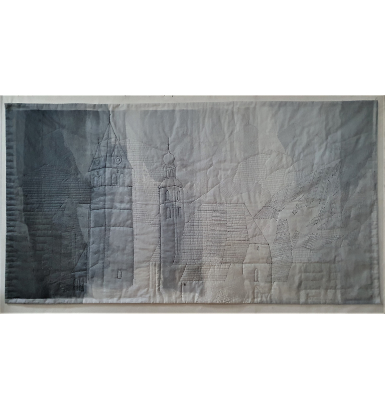 75 x 150 cm, Siebdruck auf BW, Organza, Schraffurtechnik