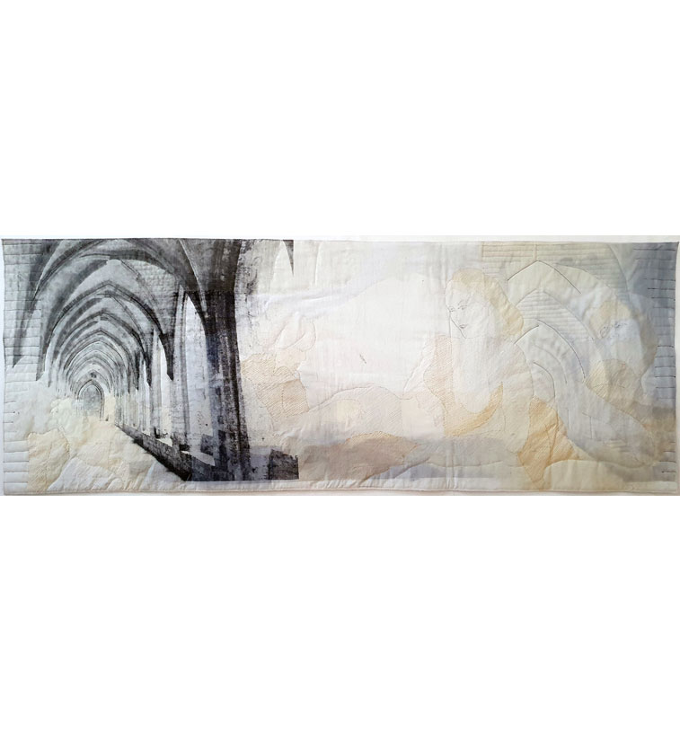 51x140 cm, Siebdruck auf BW, Organza,, Schraffurtechnik