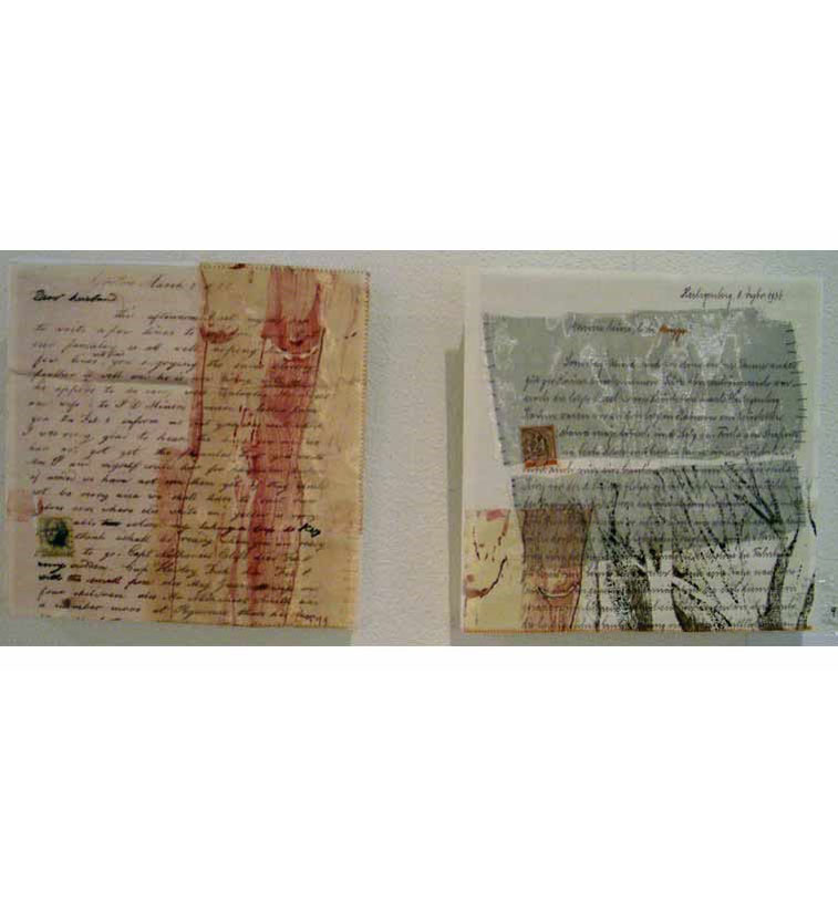 Digialdruck auf Leinwand, Organza; Flohmarktbriefe, je 20x20 cm